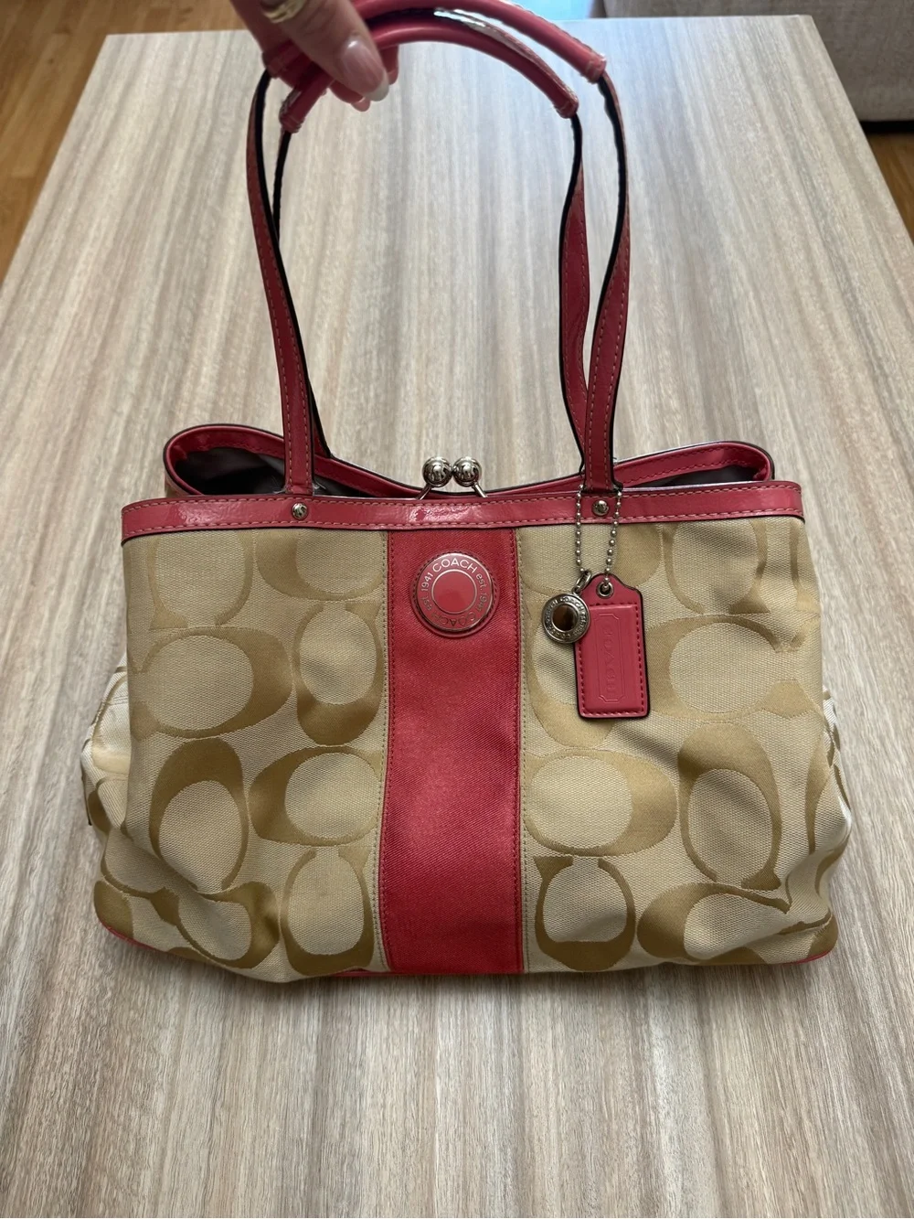 Y2K Coach Carryall Satchel Bag in Signature Canvas Khaki and Pink F19190